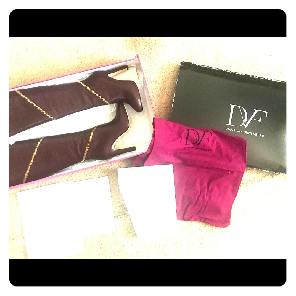 Burgundy knee high DVF boots!